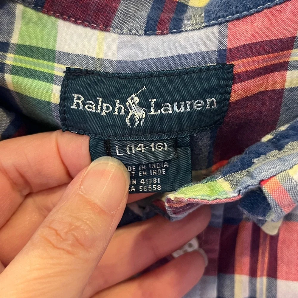 🧋Ralph Lauren madras plaid button-down, long sleeved shirt Large 14/16